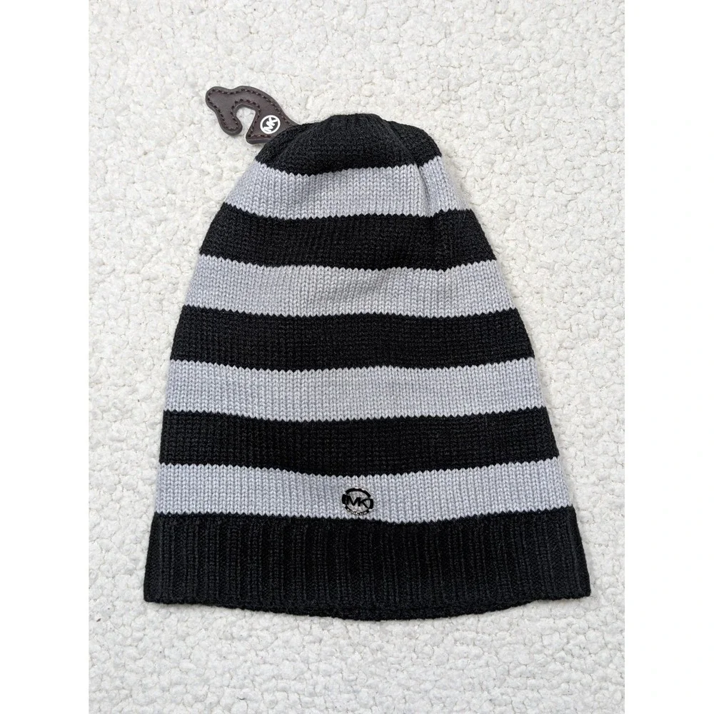 Michael Kors Mens Beanie Striped Knit Acrylic Black Gray Metallic Logo OS Hat